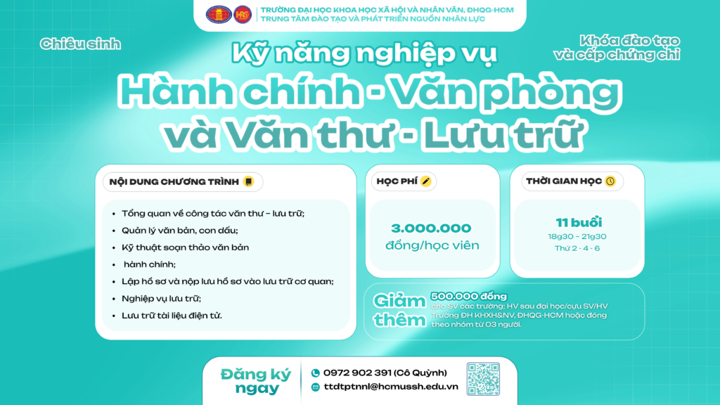 Kỹ năng nghiệp vụ Hành chính – Văn phòng và Văn thư – Lưu trữ (Khóa 20) – Dự kiến khai giảng 08/12/2025