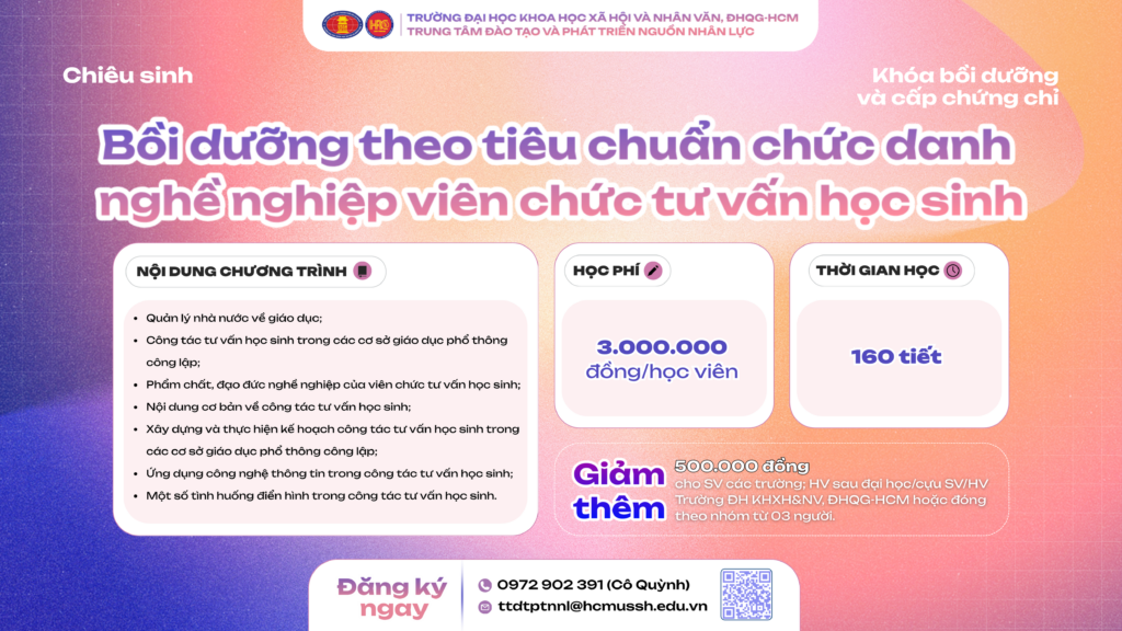 Bồi dưỡng theo tiêu chuẩn chức danh nghề nghiệp viên chức tư vấn học sinh (Khóa 2) – Dự kiến khai giảng 29/12/2025