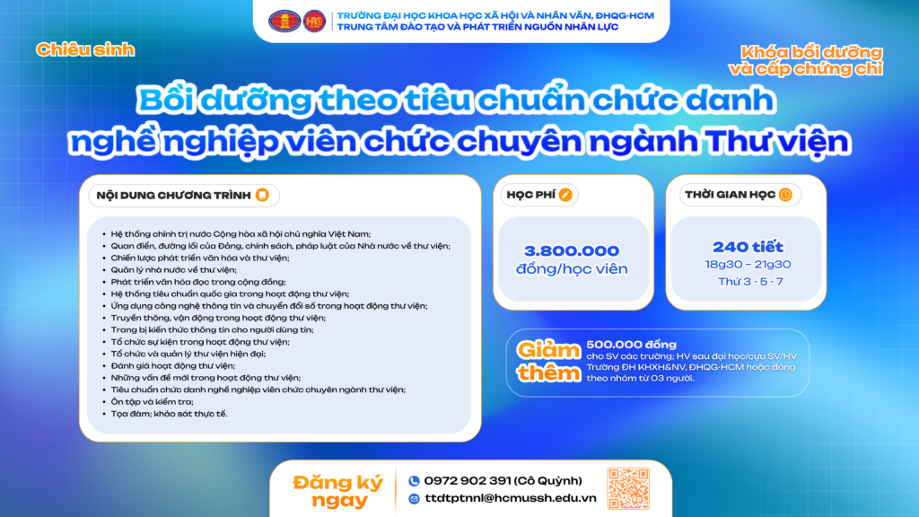 Bồi dưỡng theo tiêu chuẩn chức danh nghề nghiệp viên chức chuyên ngành Thư viện (Khóa 2) – Dự kiến khai giảng 15/01/2026