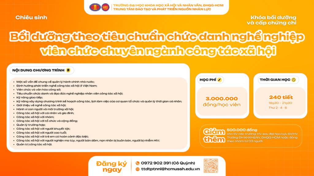 Bồi dưỡng theo tiêu chuẩn chức danh nghề nghiệp viên chức chuyên ngành công tác xã hội (Khóa 4) – Dự kiến khai giảng 09/02/2026