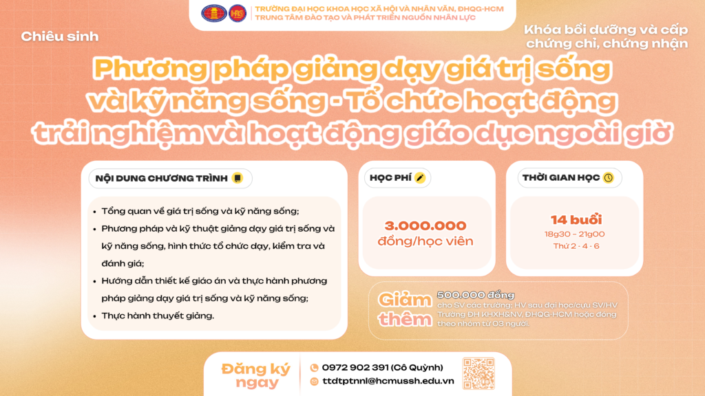 Phương pháp giảng dạy Giá trị sống và Kỹ năng sống – Tổ chức hoạt động trải nghiệm và hoạt động giáo dục ngoài giờ (Khóa 31) – Khai giảng 11/02/2026